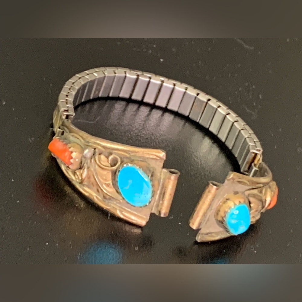 Vintage Navajo Turquoise Coral Watch – Sterling Silver 12K Gold-Filled Tips